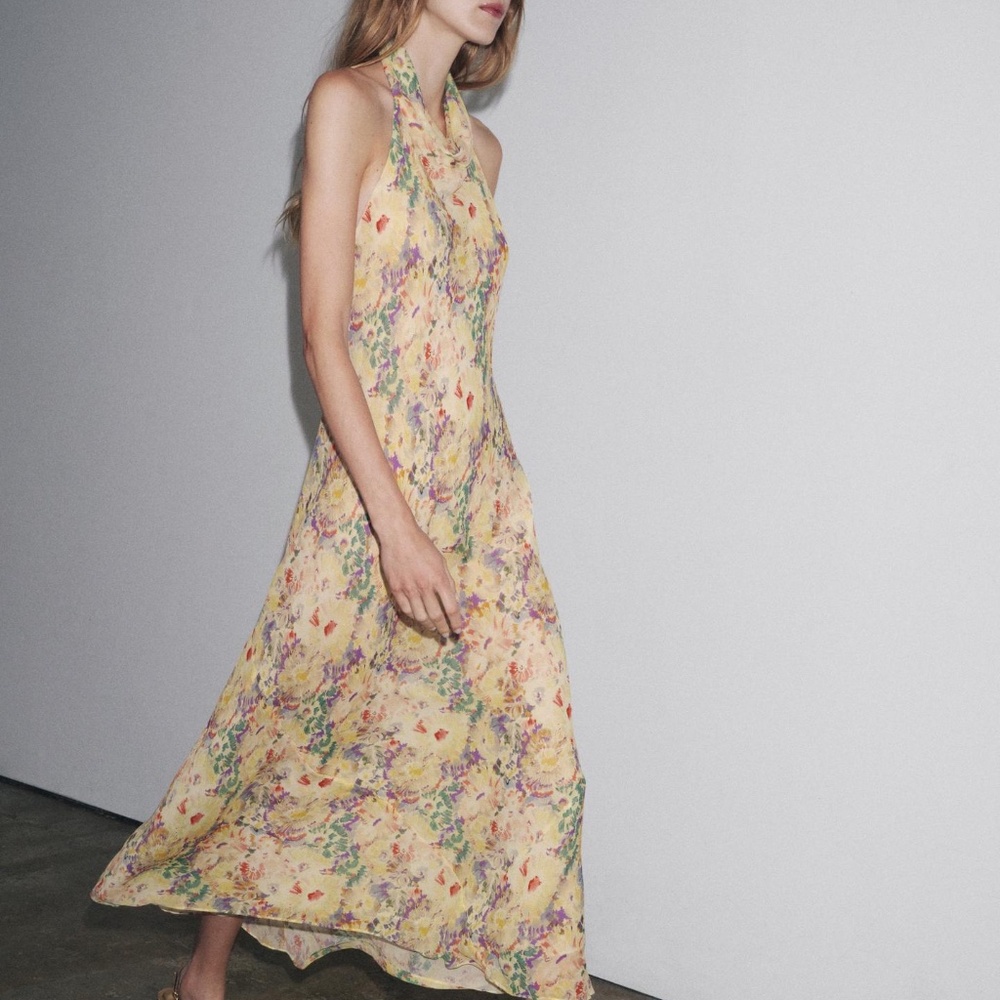 NWT ZARA ZW COLLECTION FLORAL PRINT DRESS YELLOW M